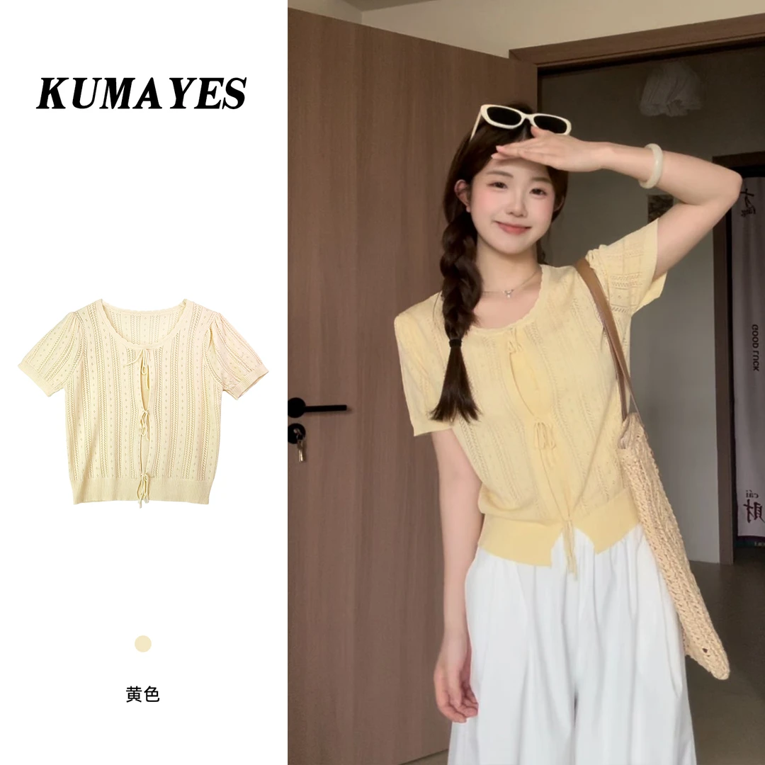 KUMAYES夏装新款短款镂空蝴蝶结圆领短袖女小清新蕾丝花边针织衫