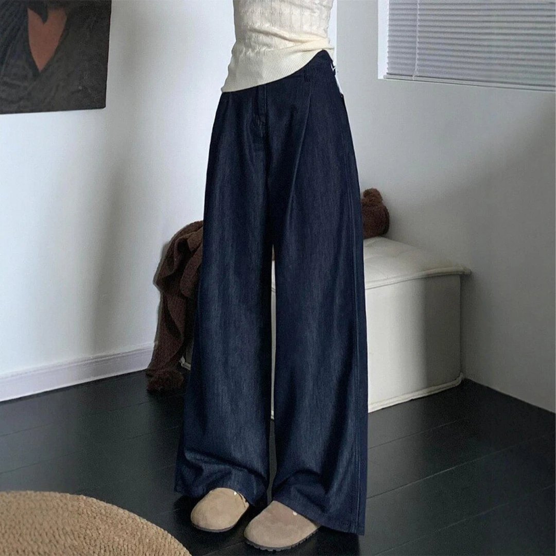 深蓝色冰丝阔腿牛仔裤女夏季薄款胖妹妹mm高腰宽松显瘦天丝直筒裤