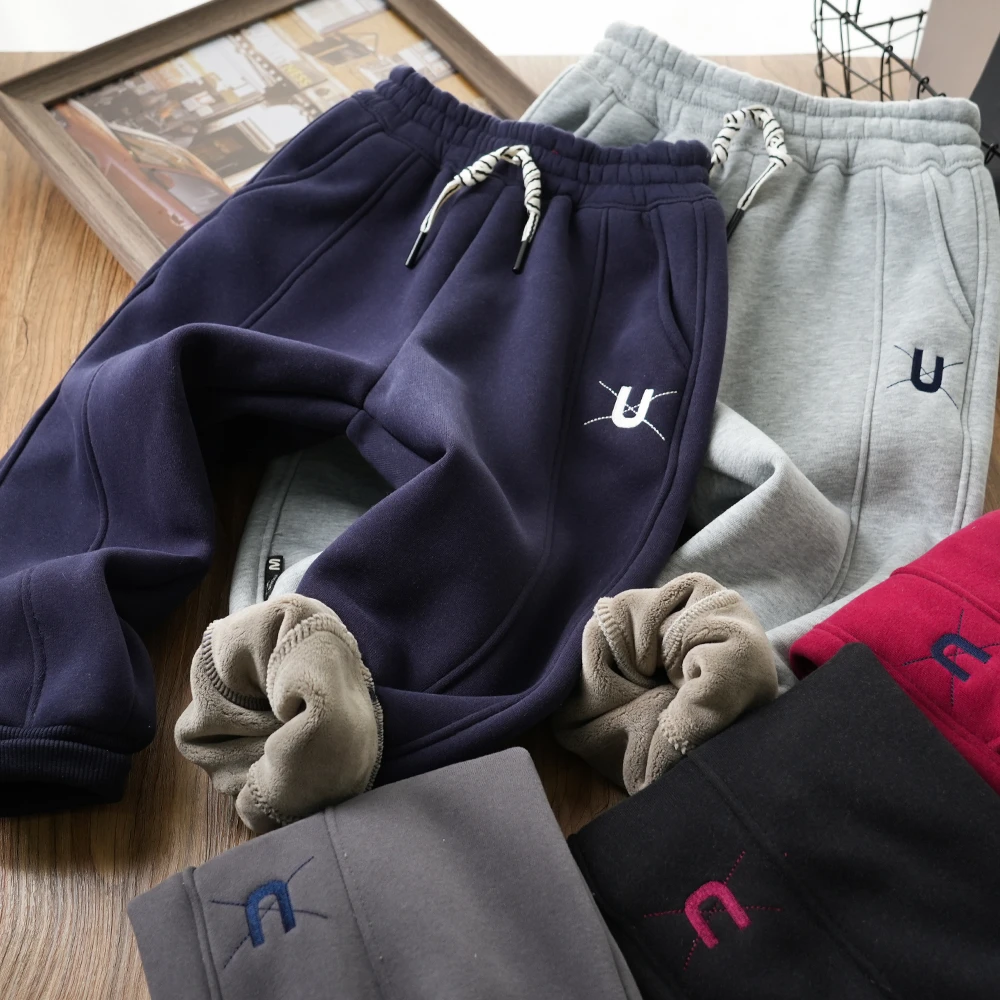 男童冬季拼接字母U刺绣加绒运动裤中大童儿童抽绳卫裤1008