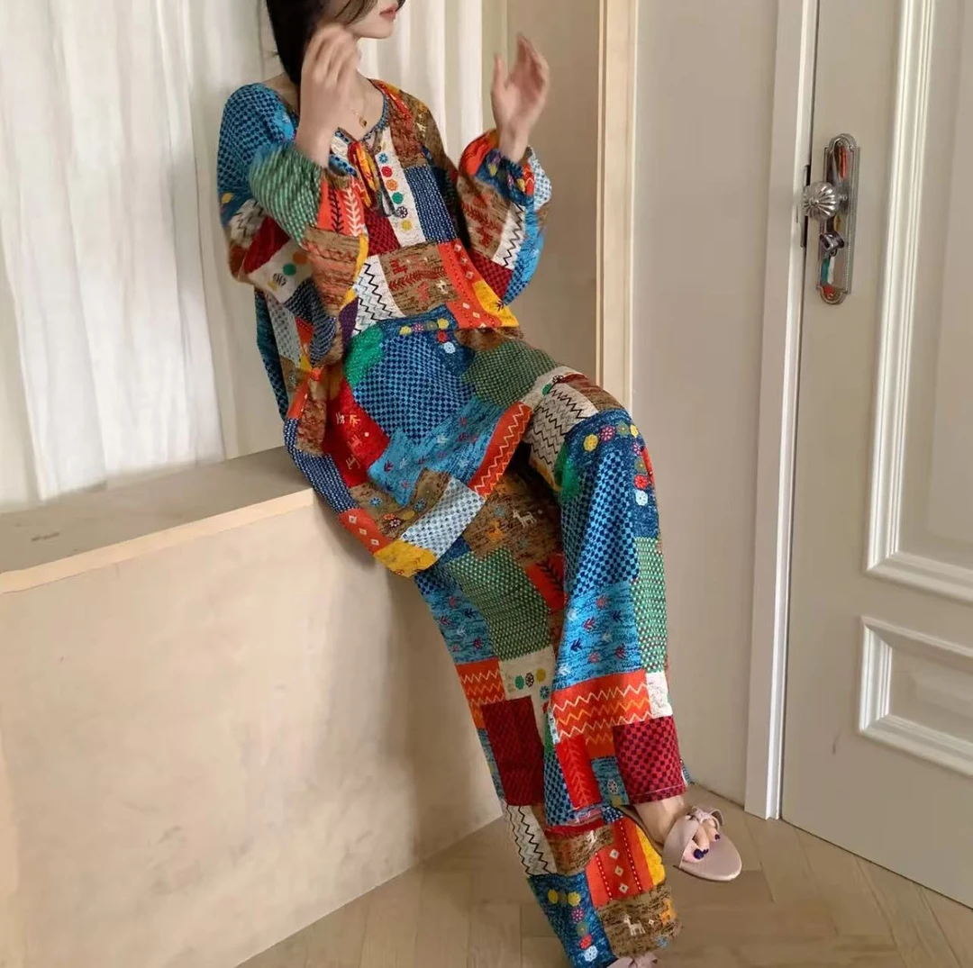 【艾米老板娘】人造棉套装可外穿不透棉绸家居服女裤套装春夏秋睡衣