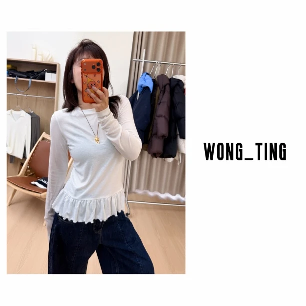 wong_ting小众设计师下摆波浪纹天丝羊毛百搭长袖T恤2666