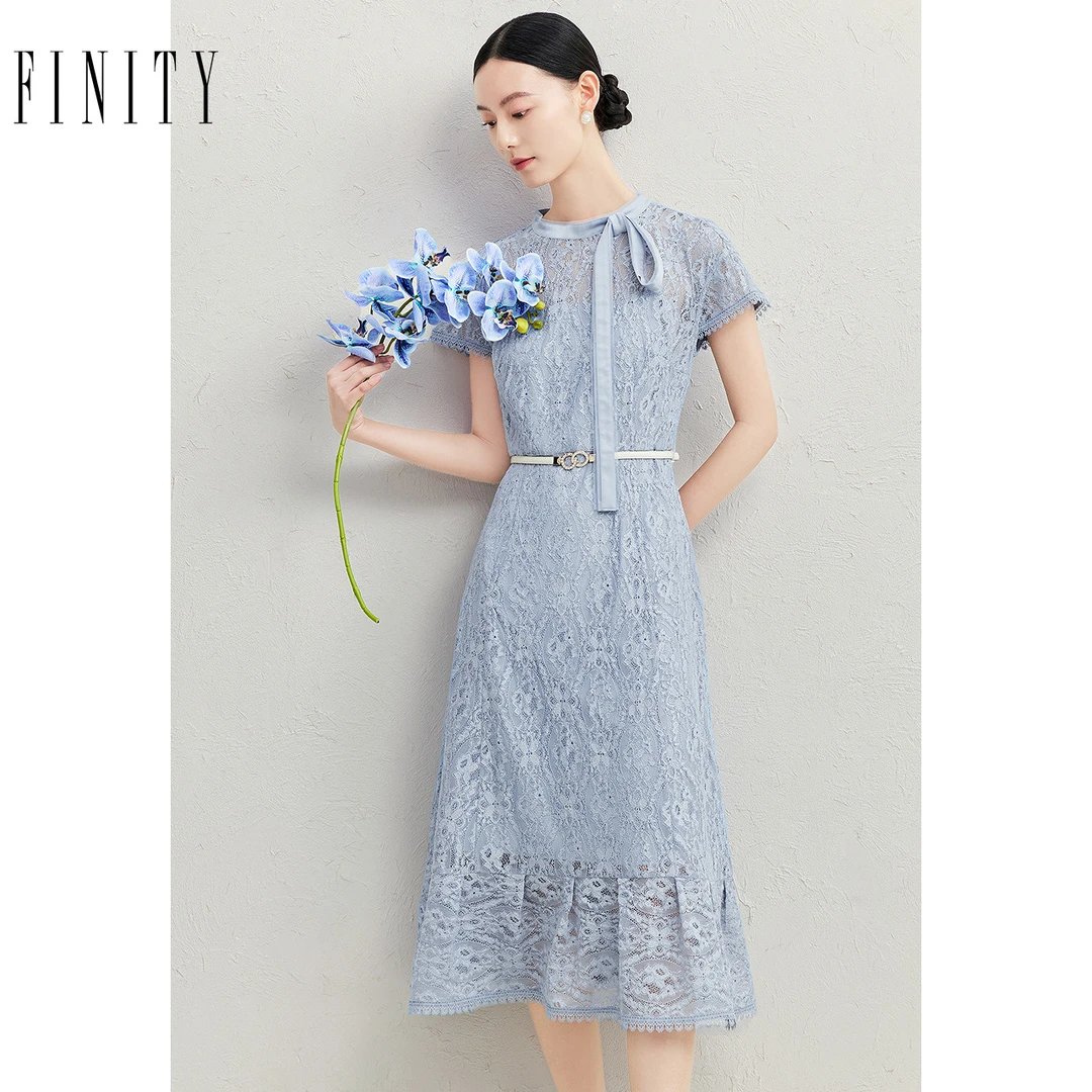 FINITY 连衣裙夏季新款简约飘带领系带收腰显瘦裙子 F22UC5811L