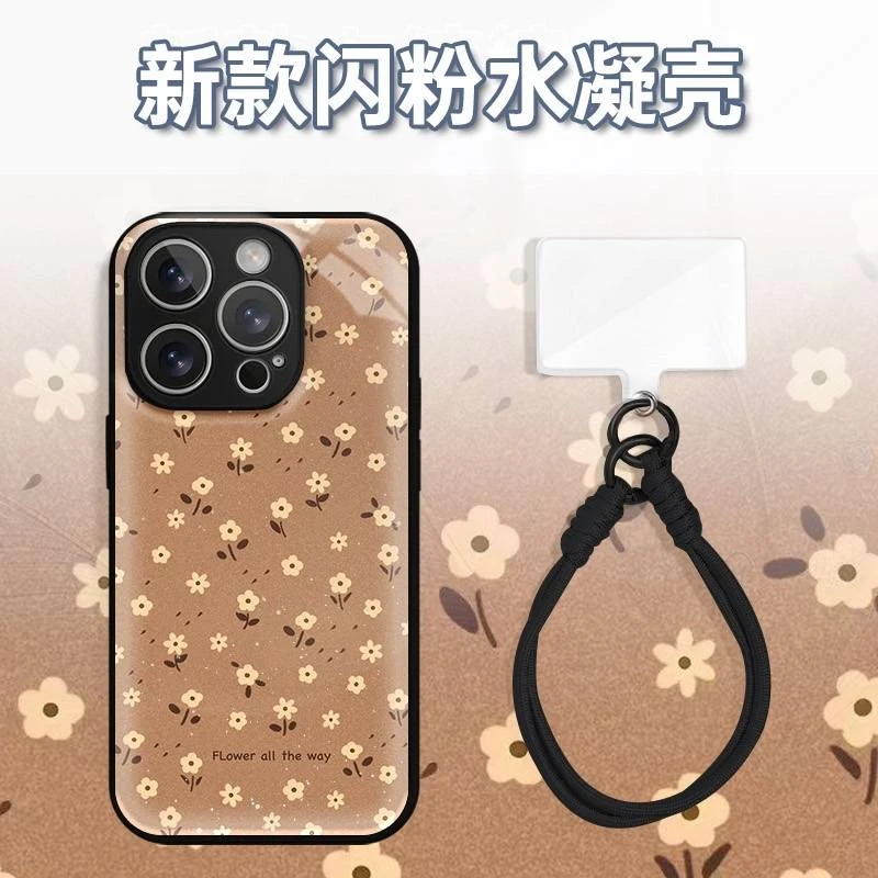 棕底满屏小花朵水凝玻璃壳适用于iPhone苹果17手机壳iPhone华为op