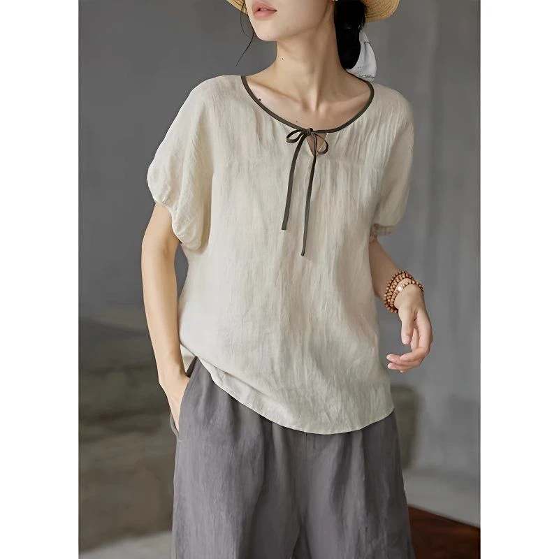 【现货+运费险】棉麻上衣女文艺复古宽松百搭T恤小衫薄款短袖XK02
