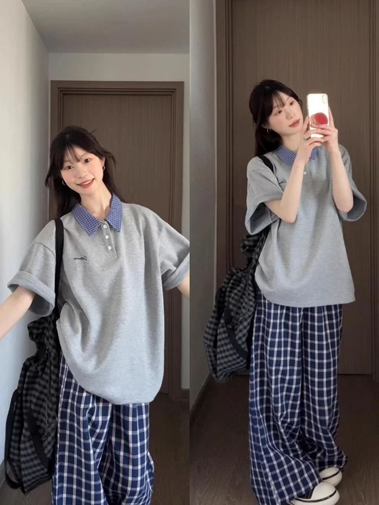 特大码胖mm300斤韩系撞色polo领拼接格子短袖t女夏季宽松半袖上衣