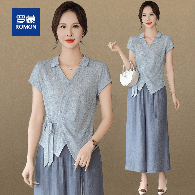 罗蒙洋气妈妈装夏季新款短袖小衫套装中老年女装贵夫人休闲两件套