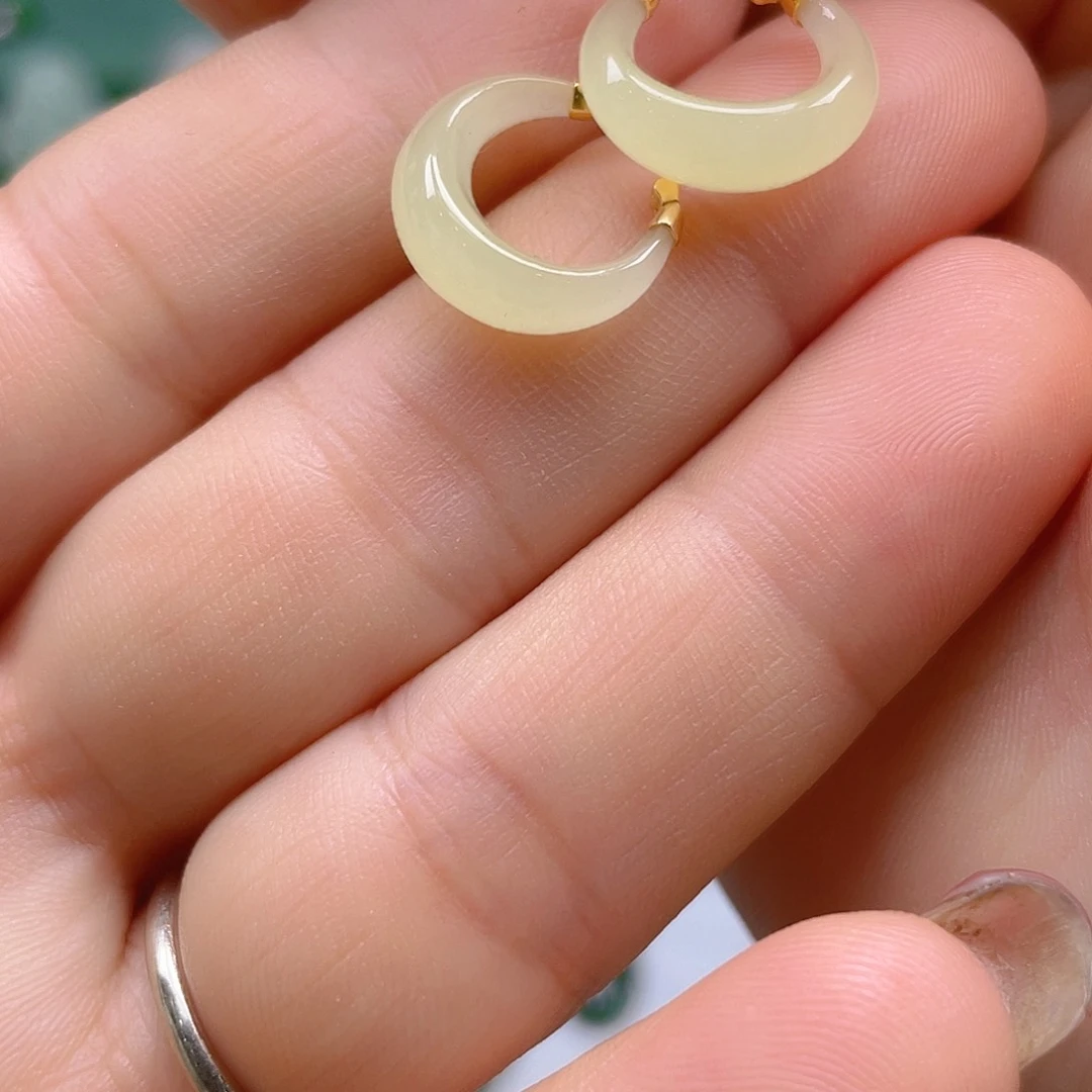 和田玉（黄玉）18K金镶嵌耳饰