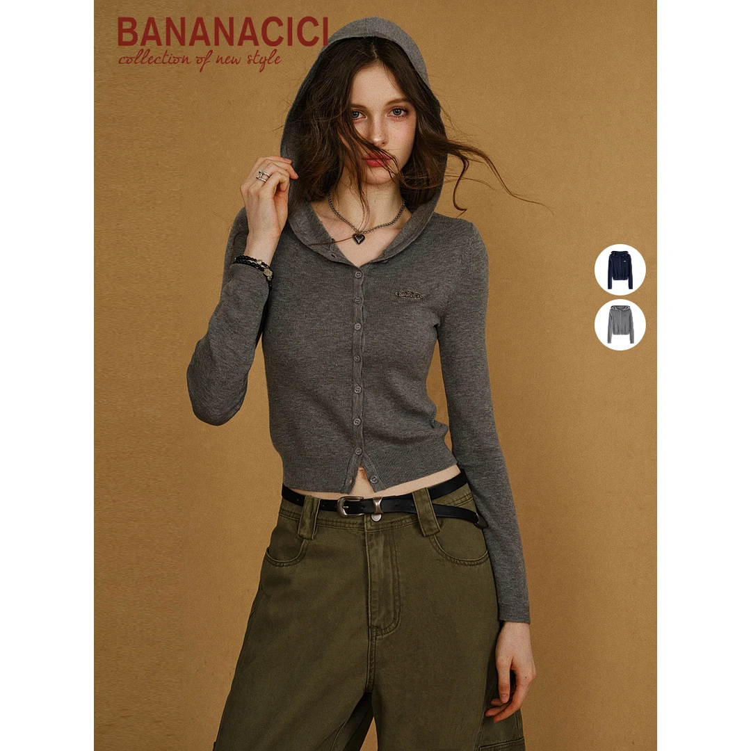 【徐若晗同款】BANANA CICI2025年秋季新款纯色长袖针织连帽开衫