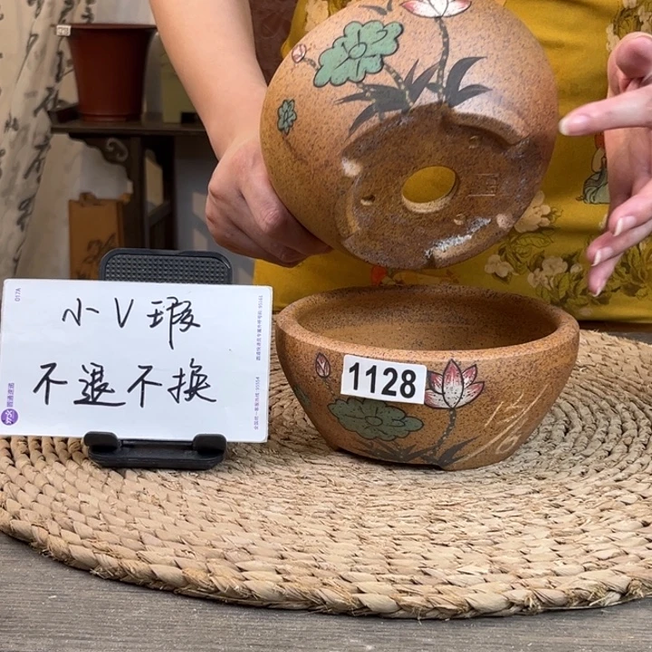 紫砂花盆 微瑕柴烧彩绘小窝口两只1128