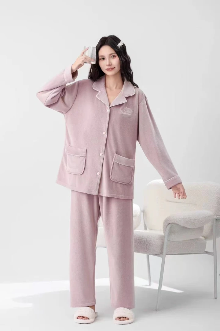 海岛绒保暖睡衣家居服套装家居服粉色套装秋季