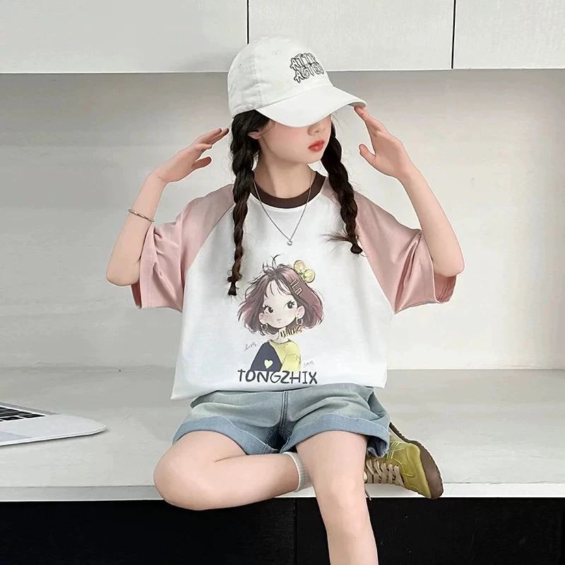474哈哈家 女童高品质洋气韩版休闲运动短袖牛仔裤两件套