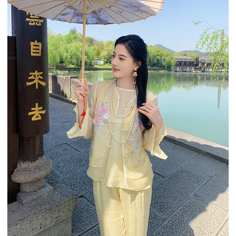 果果家 新中式国风圆领无袖薄款马夹2025女装夏季刺绣花朵马甲