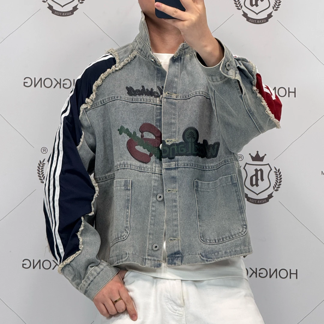 HK&NB x 小小艺术家 春秋红蓝CP复古拼接撞色宽松休闲牛仔夹克