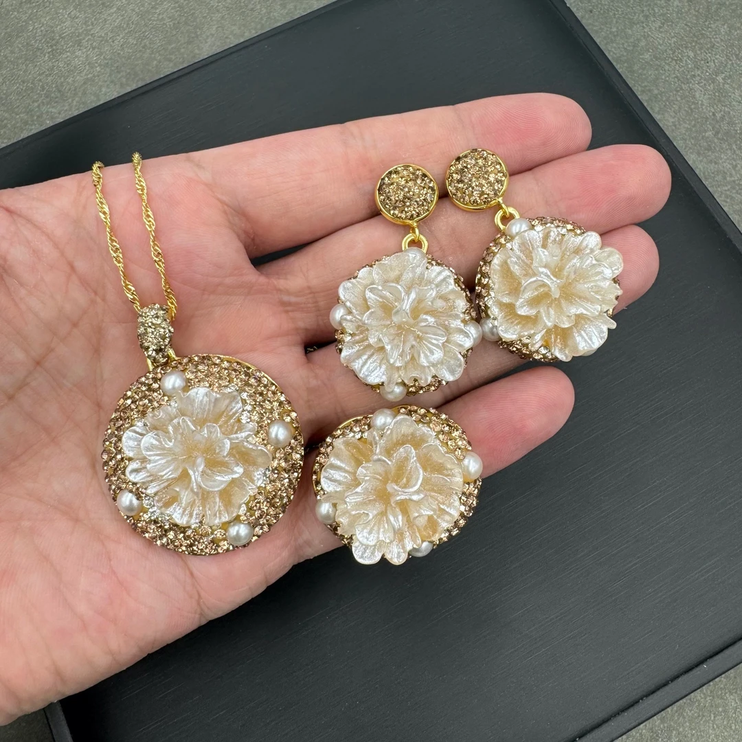 铜合金耳饰 【581】法式小众轻奢时尚气质首饰三件套民族风饰品套装