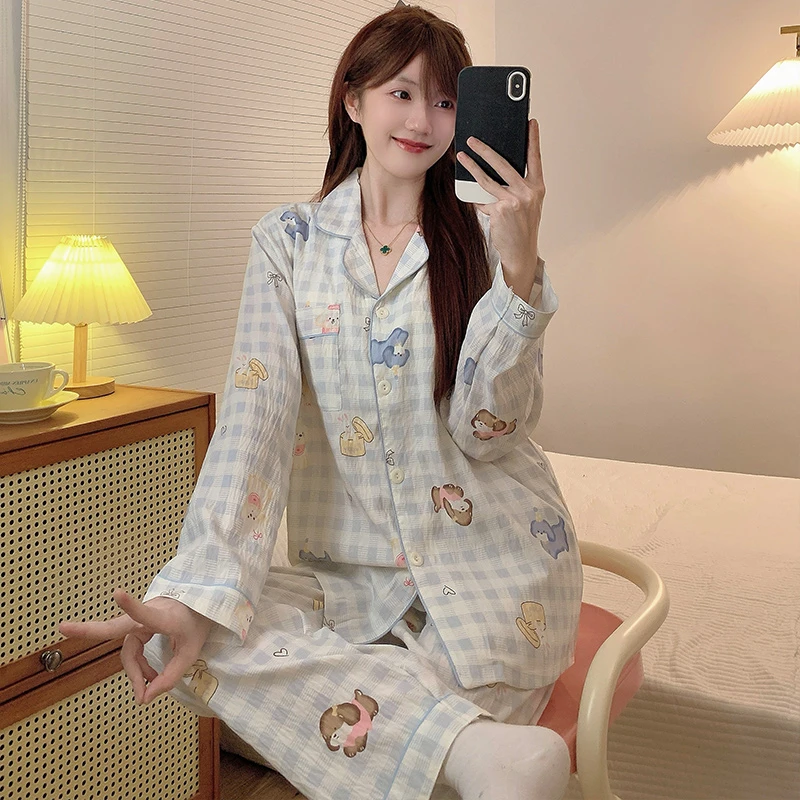 【带胸垫一体】睡衣女款春秋季云朵棉长袖长裤薄款可外穿夏季家居服