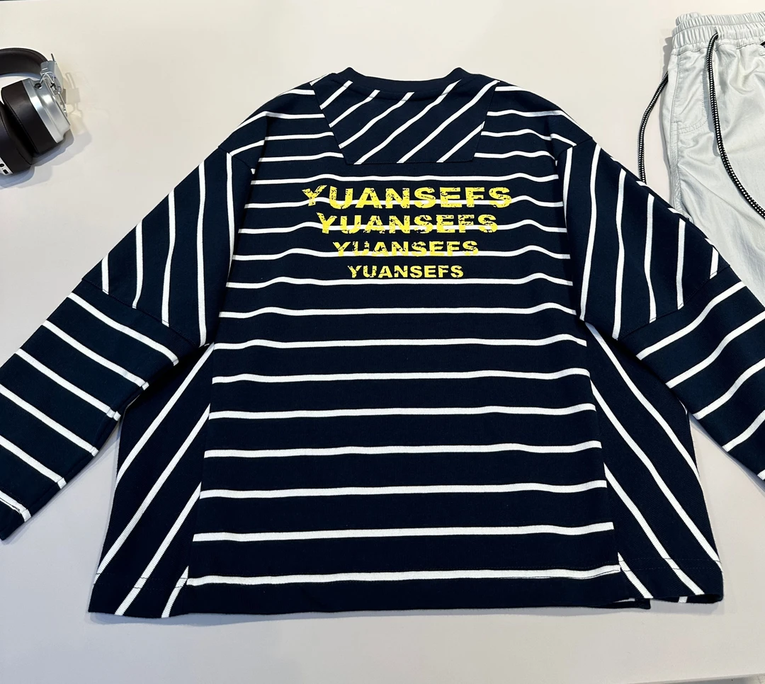 小白姐简约童装 儿童秋装新款落肩袖条纹宽松长袖T恤韩系 25452