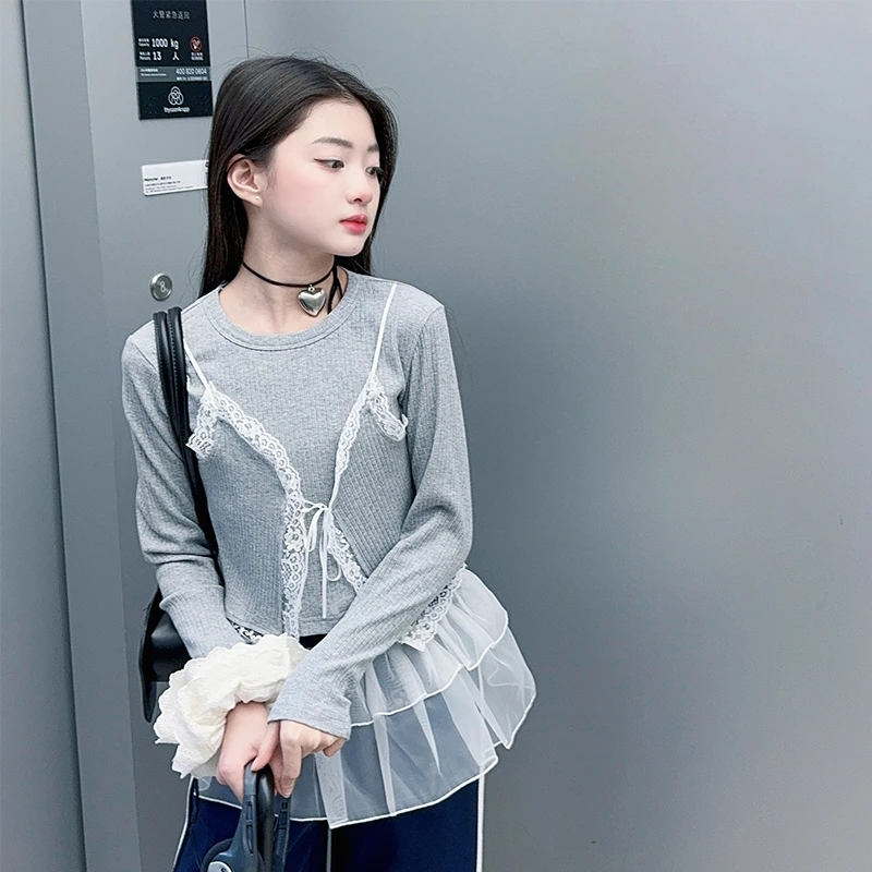 女童2025春秋韩国复古洋气小衫拼接蕾丝边小吊带T恤假两件上衣