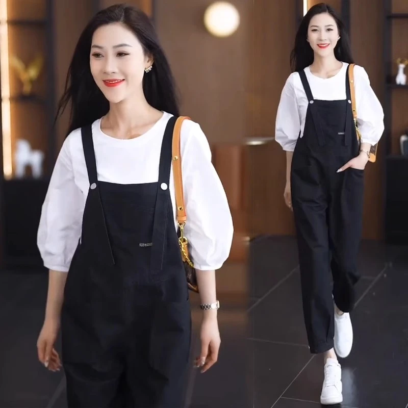 拉夏贝尔 休闲背带裤套装2025夏季新款韩版显瘦减龄九分裤两件套