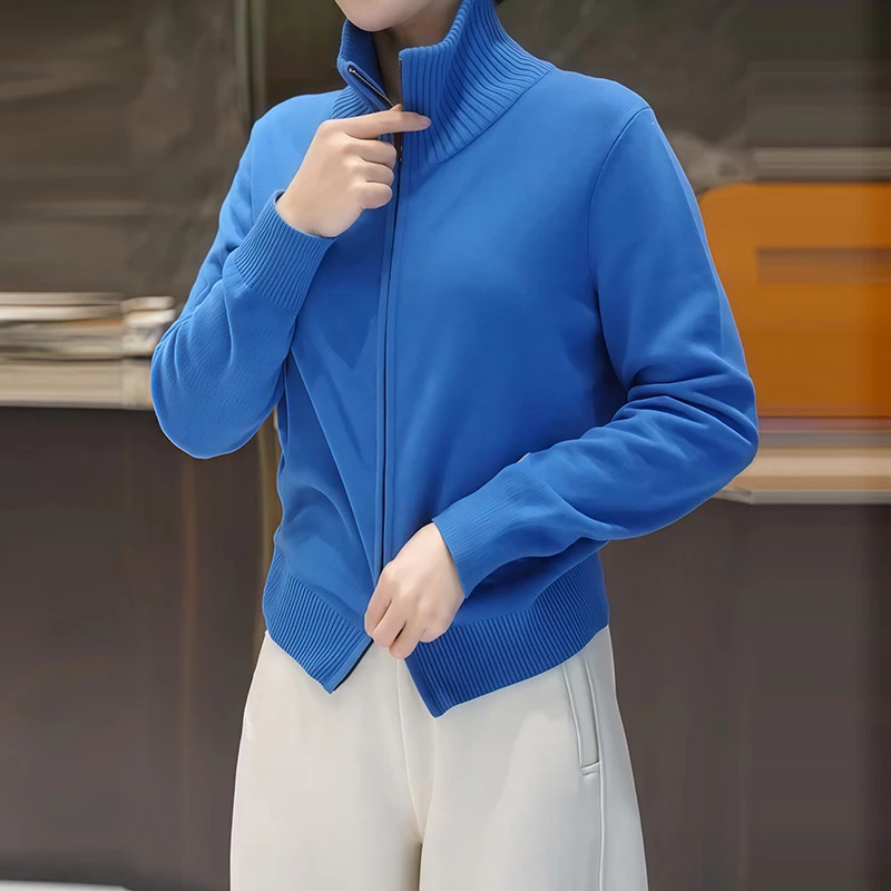 克莱因蓝针织衫2025秋冬双拉链立领高领毛衣女法式高级感气质上衣