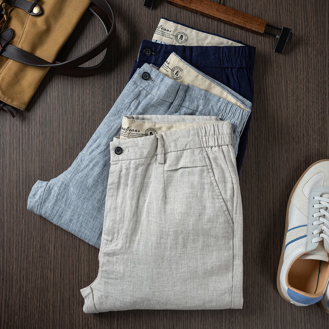 麻尚生活夏季透气凉爽麻料裤子大码冰丝直筒裤色织亚麻休闲九分裤