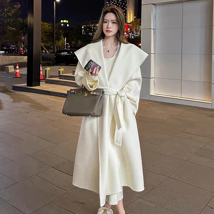 连帽长款腰带羊毛大衣（9537）