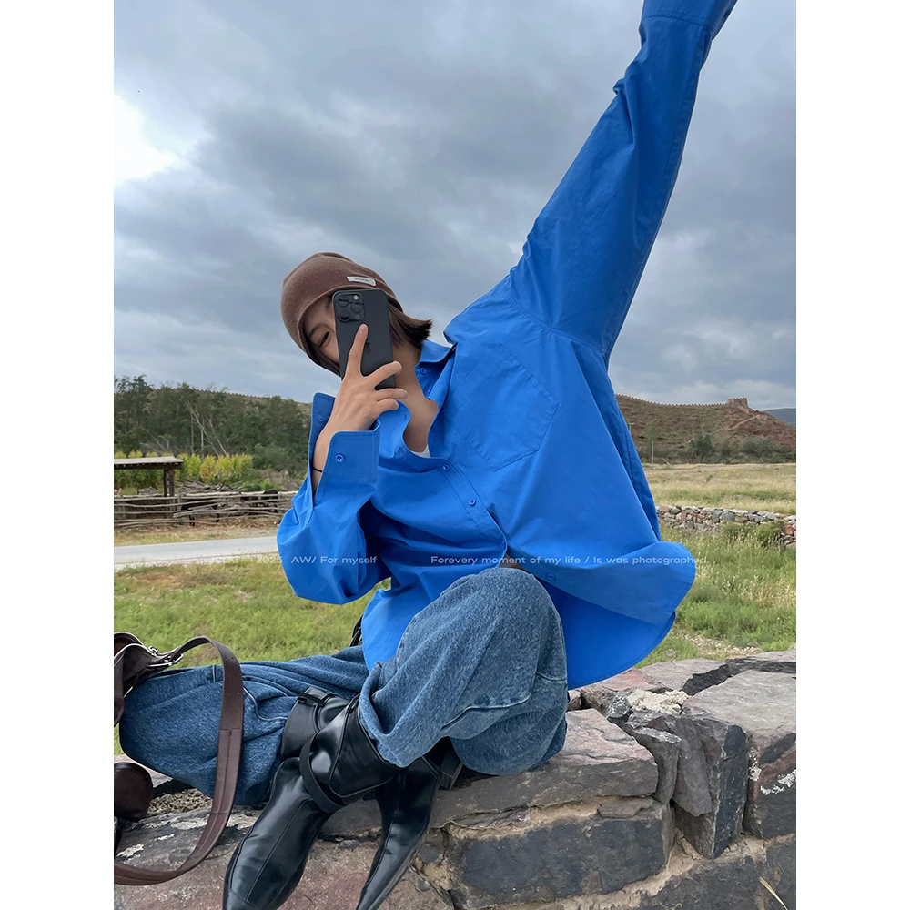 JCCC影子【琥珀/深海回响】蓝色定染全棉百搭廓形长袖衬衫JE5HSC11