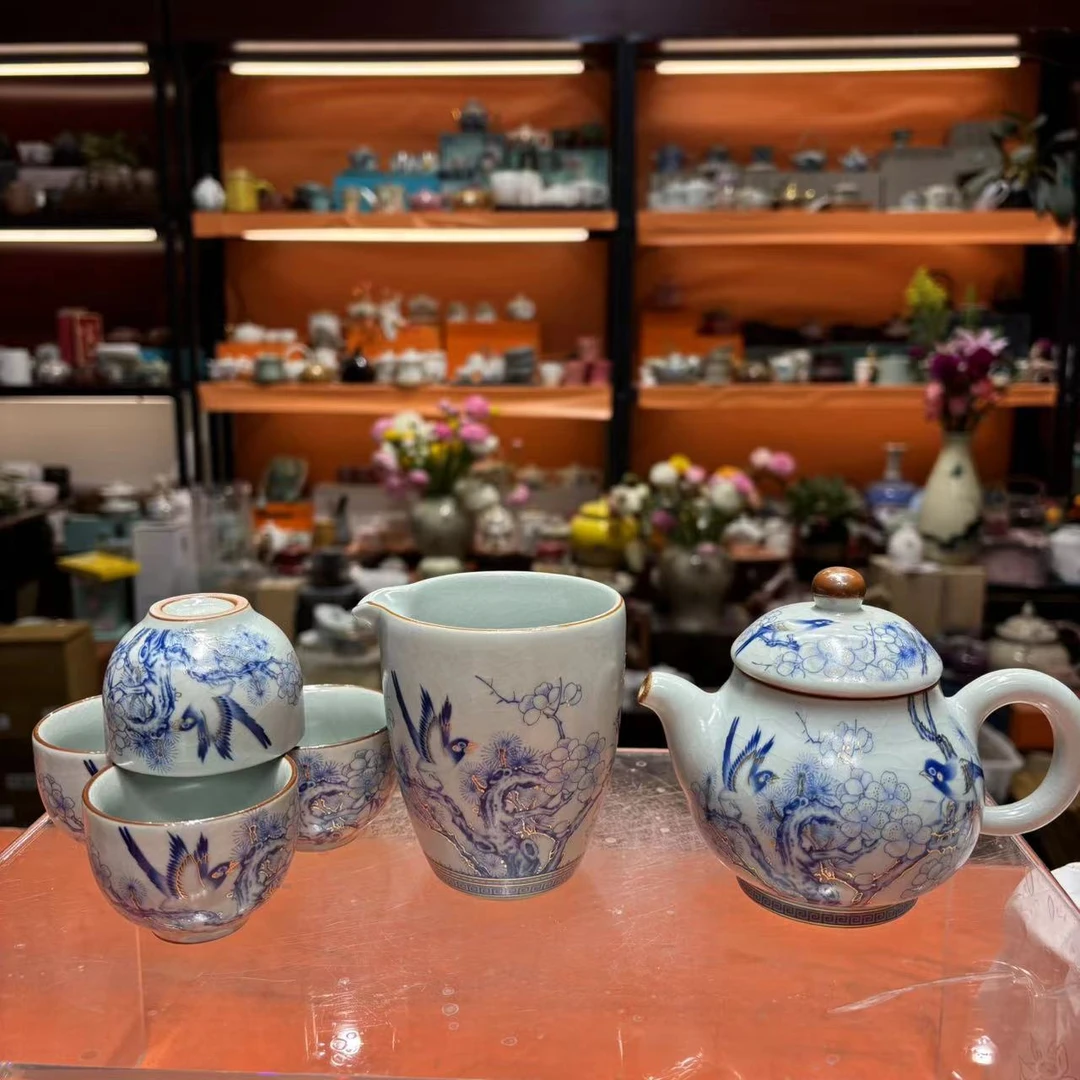 友名  天青汝窑喜鹊美人尖茶壶一壶四杯小套装家用功夫茶具-2485