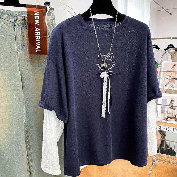 假两件拼接蕾丝t恤女长袖早秋新款宽松显瘦高级小众不撞款上学生