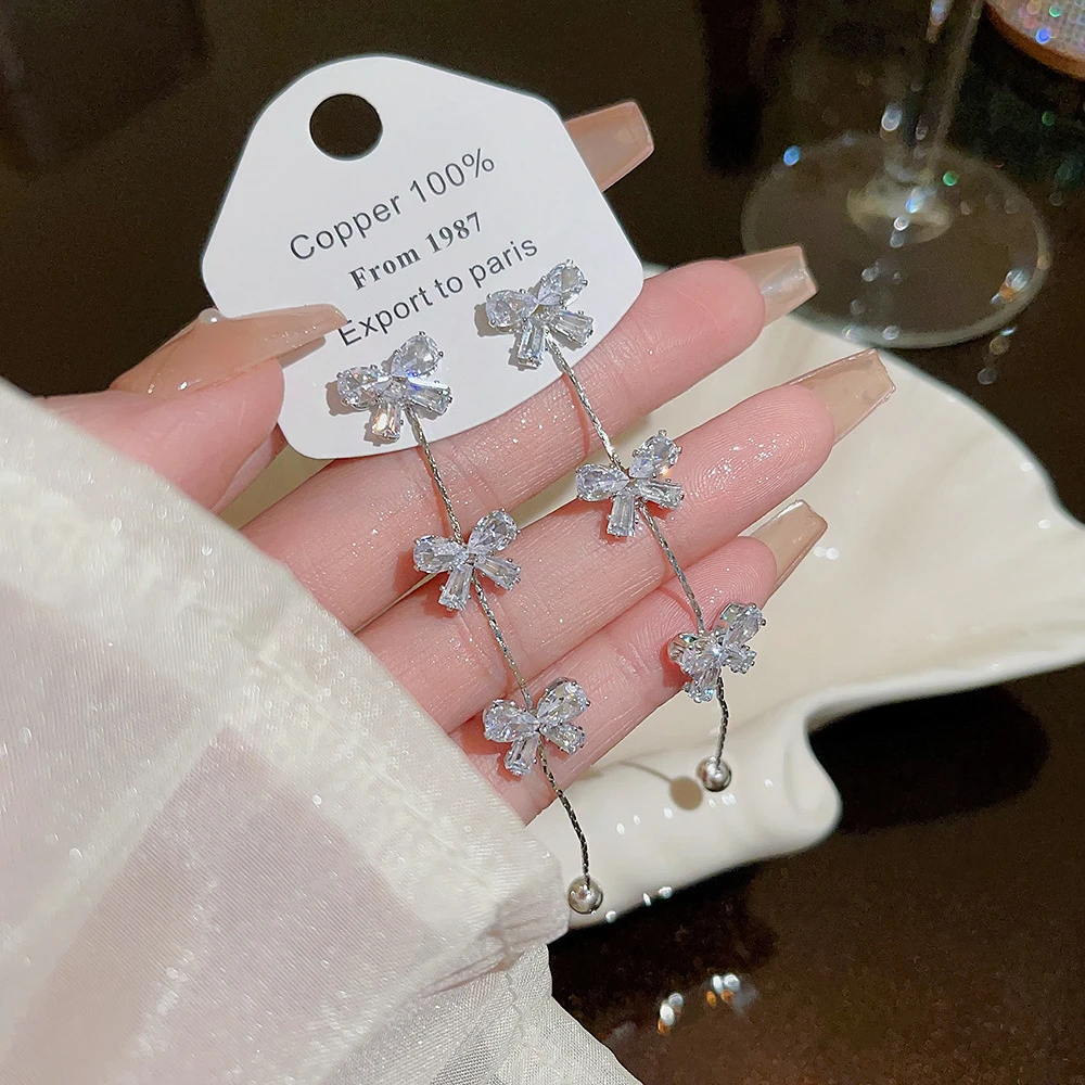 铜合金合成锆石耳饰 韩版新款蝴蝶结流苏耳饰气质精致ins耳钉A232
