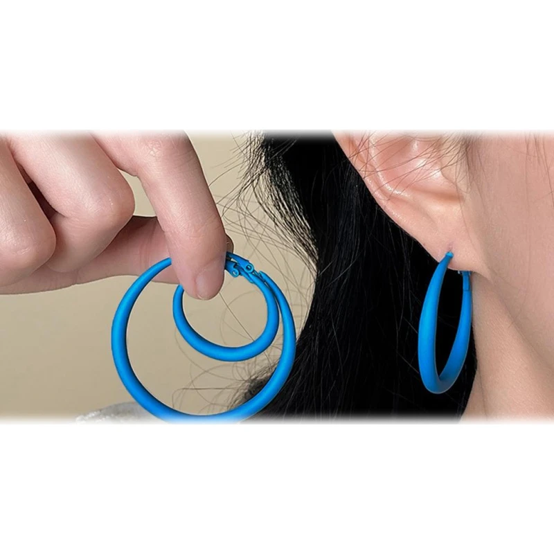 铜合金锆石耳饰 精致长款轻奢磨砂感蓝色大耳圈风多巴胺圆圈耳环