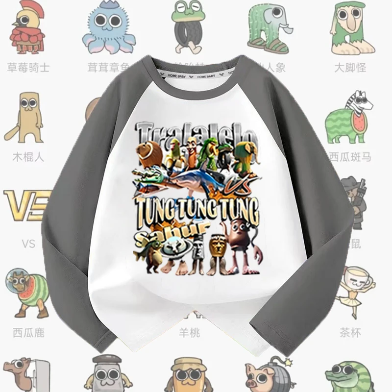 通通木棍人国外抽象山海经春秋季儿童拼接男女童撞色长袖t恤上衣