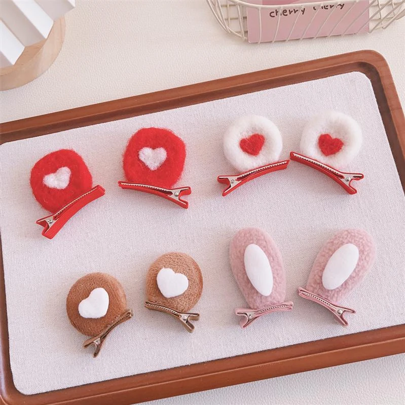 儿童发夹可爱毛绒兔耳朵猫耳朵对夹奶咖色BB夹女童碎发夹宝宝发卡