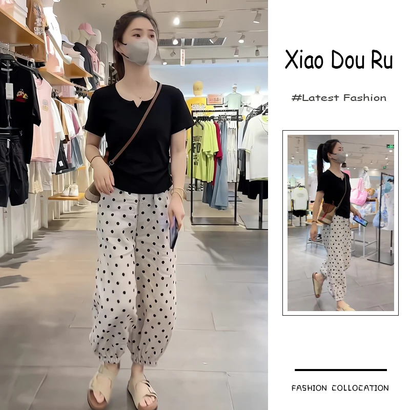 夏季流行穿搭一整套新款2025年韩版休闲百搭短袖上衣波点裤两件套