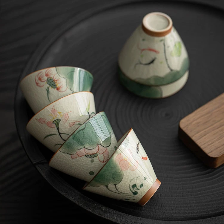 客人茶杯6个装手绘荷花茶杯功夫茶杯品茗杯 斗笠杯 泡茶杯 喝茶杯
