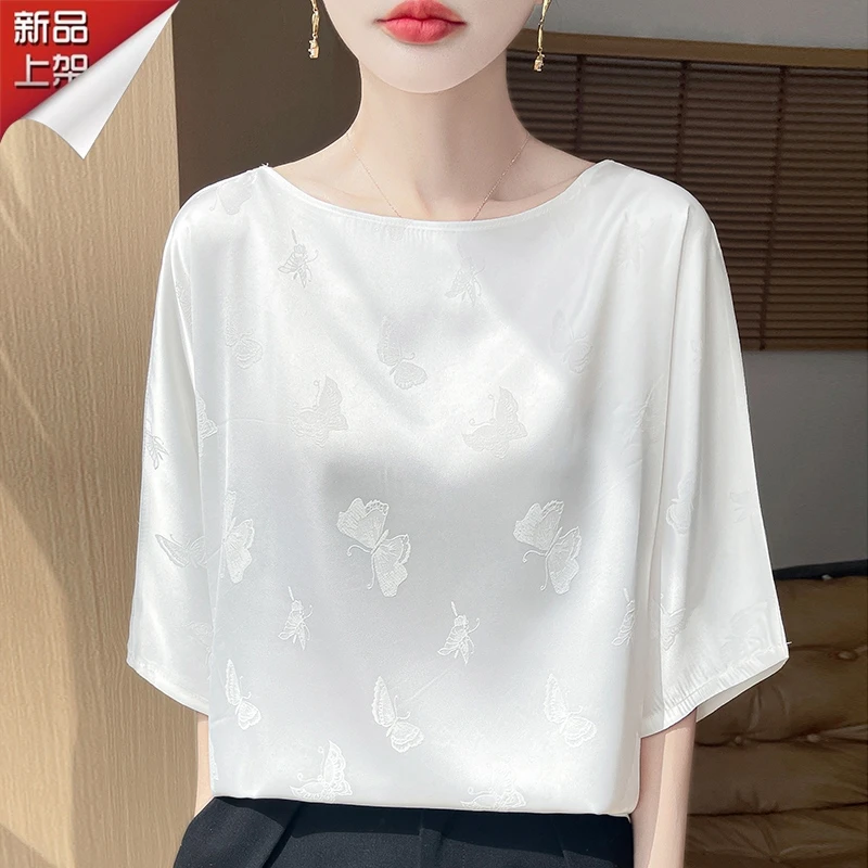 哥弟阿玛施正品春夏提花蝴蝶七分袖圆领新国风气质时尚宽松T恤