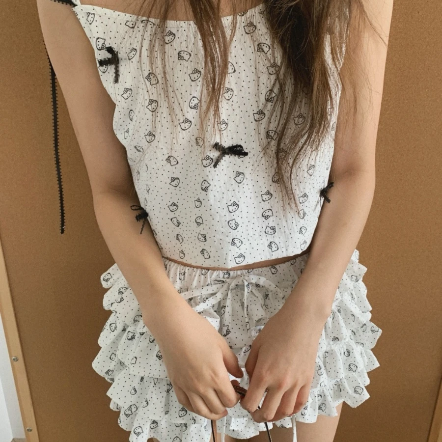 Morn isle*自向花间系列少女感猫咪印花细吊带上衣蛋糕裙半裙套装