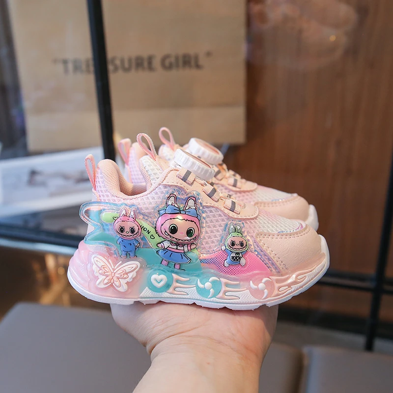 2025发光拉布布带灯公主鞋女童鞋子网面透气旋转扣春秋婴幼儿学步