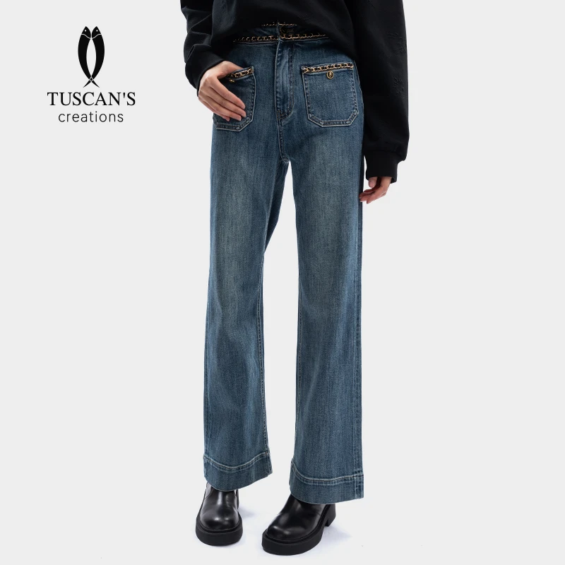 TUSCAN'S CREATION百搭薄款小香风皮穿链高腰女款时代集团牛仔裤
