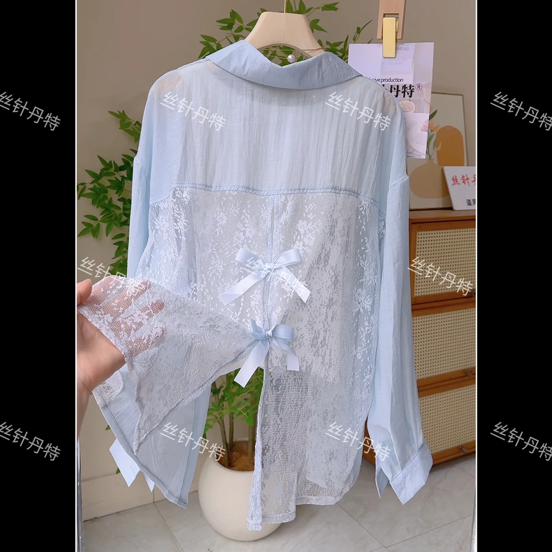 G831蝴蝶结后背镂空钩花长袖衬衣女夏季时尚减龄微透防晒衣开衫