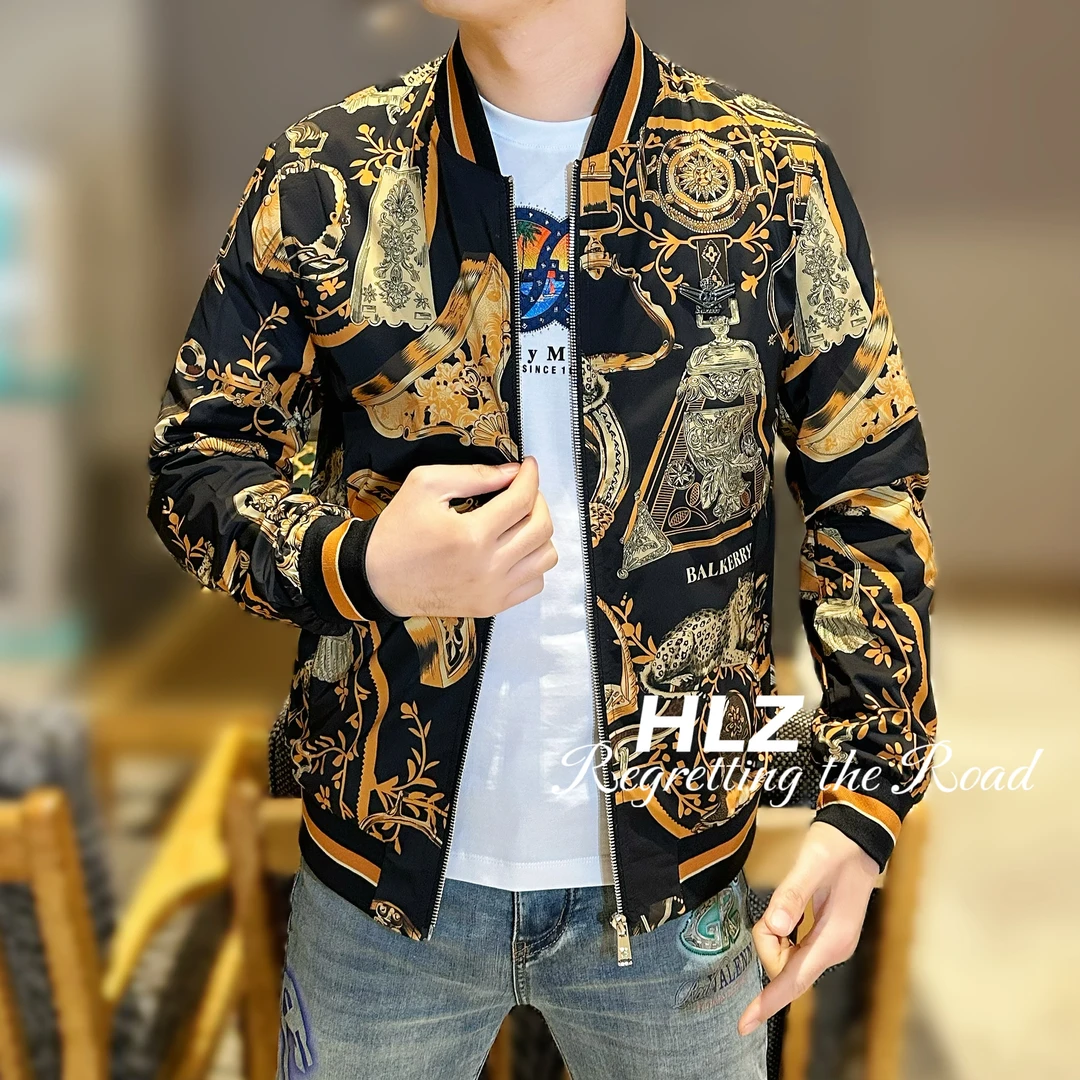 2025男士春季新款时尚个性休闲巴洛克风格棒球领百搭夹克外套