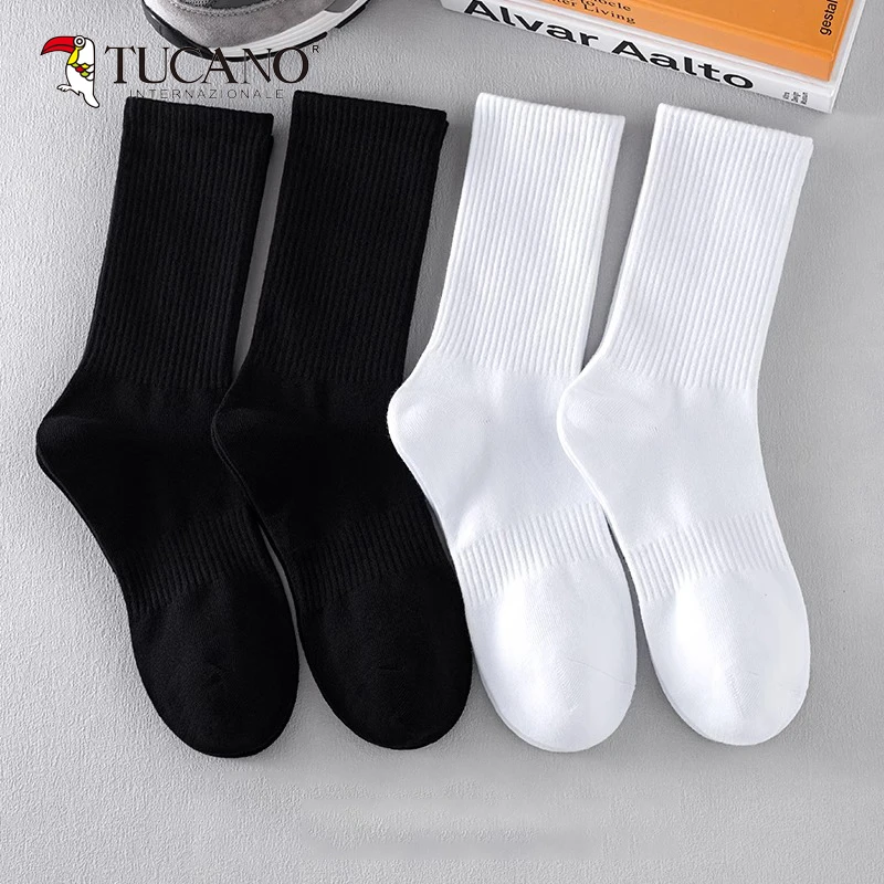 TUCANO白色袜子男款夏季防臭春夏纯棉中筒袜运动吸汗透气黑色长筒