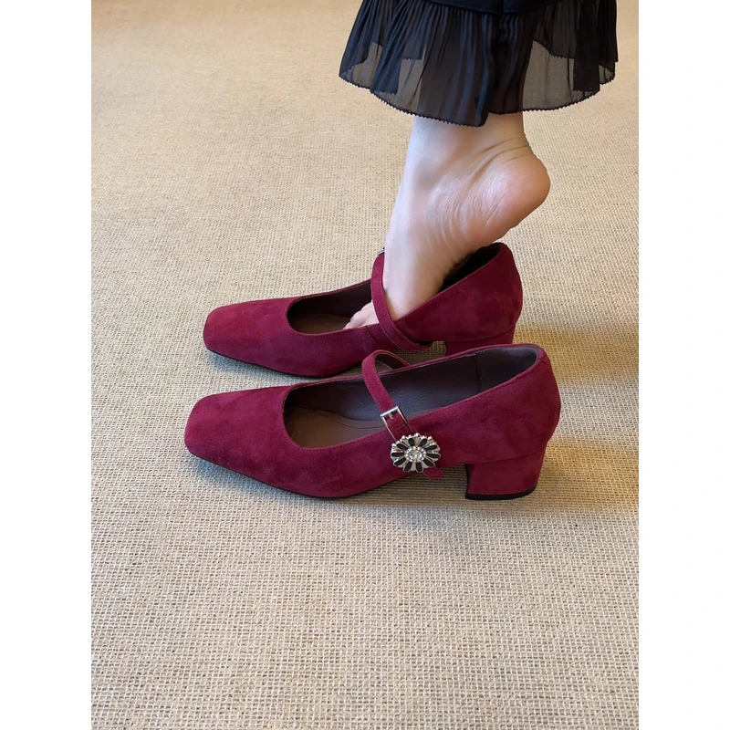 nnmiss·34-39/4.5cm优雅复古方头浅口水钻一字扣带粗跟玛丽珍单鞋