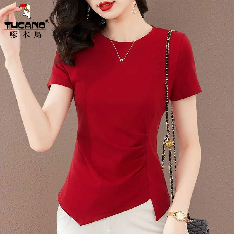 啄木鸟~不规则开叉短袖t恤女夏季新款妈妈红色短上衣别致收腰小衫