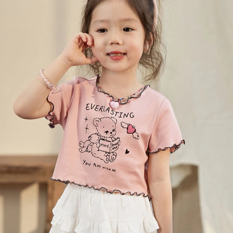 YeeHoO英氏【断码】宝宝木耳边t恤女短袖洋气2025夏季新款婴儿短