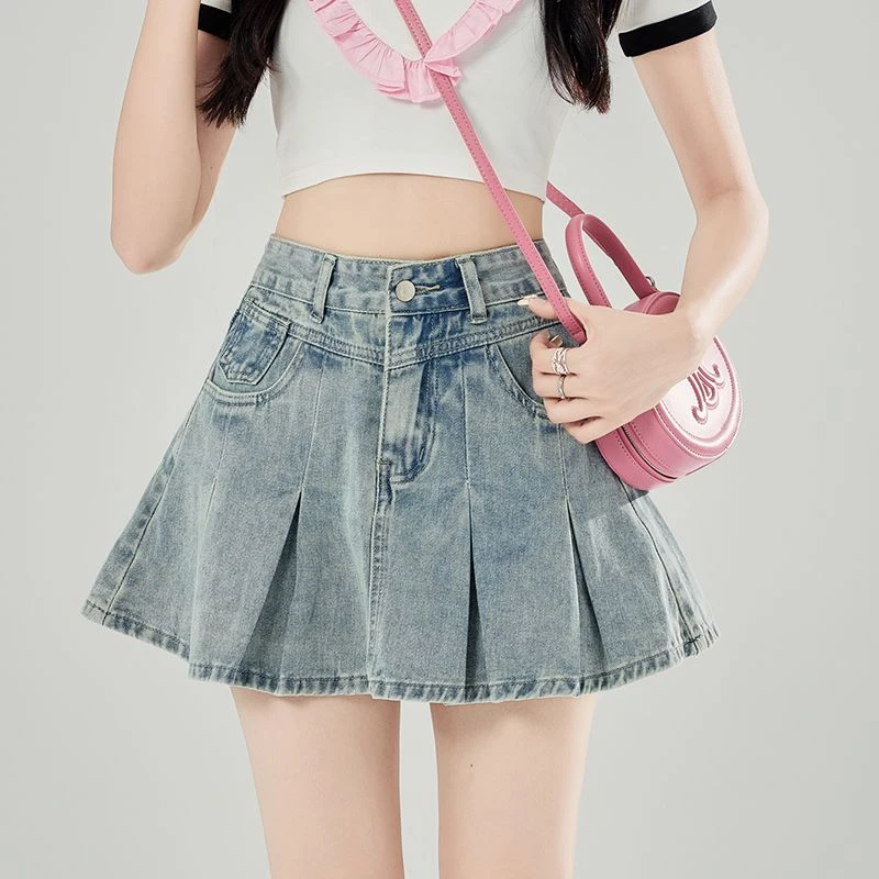 夏季浅色牛仔短裙女高腰小个子a字半身裙显瘦百褶裙2025新款