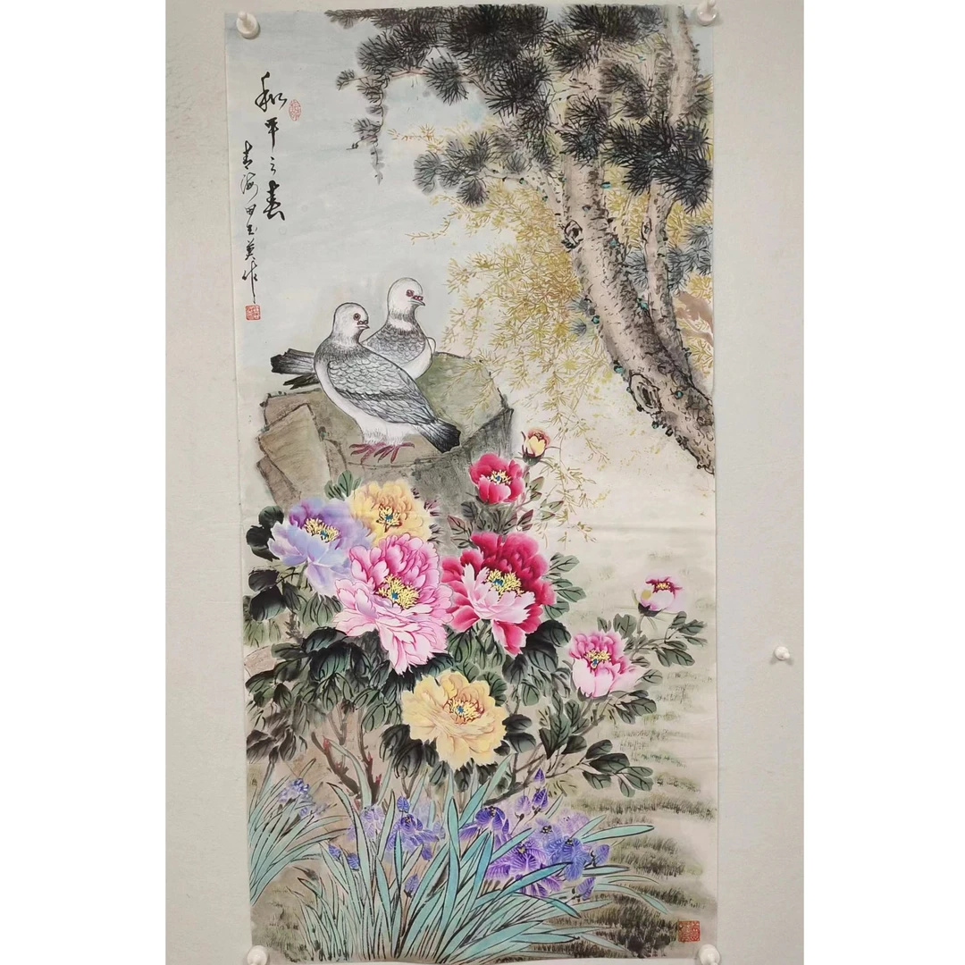 51 纯手绘老字画《牡丹》中堂  尺  137×68