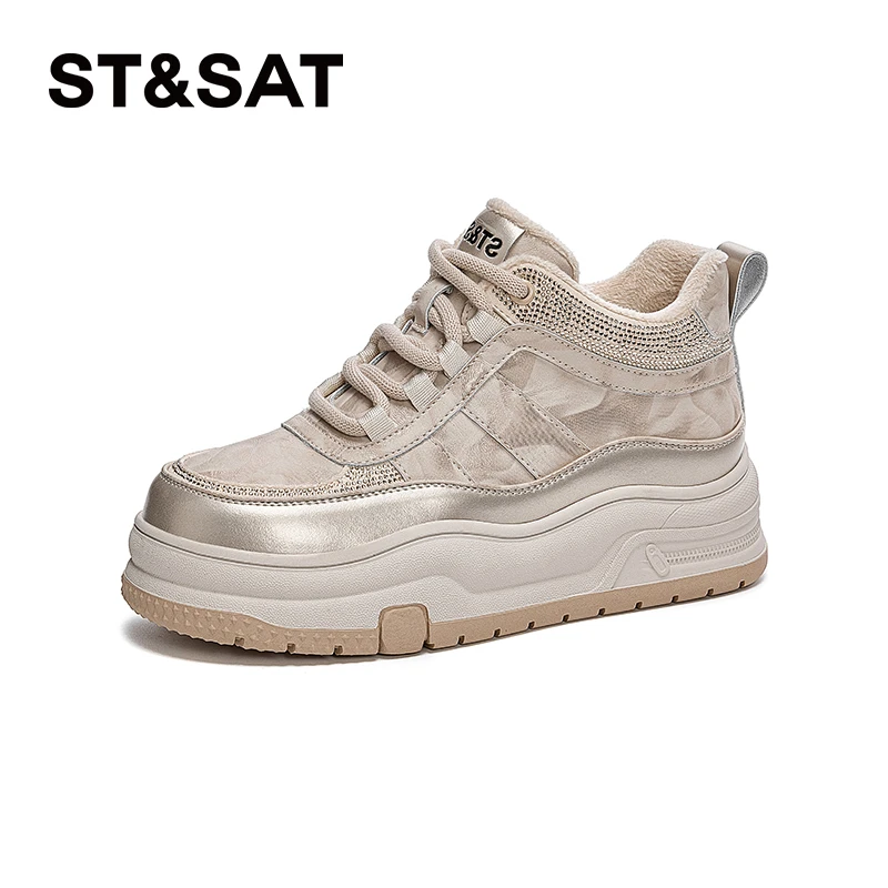 星期六时尚高帮鞋女2025冬季新款圆头系带百搭舒适保暖运动休闲鞋