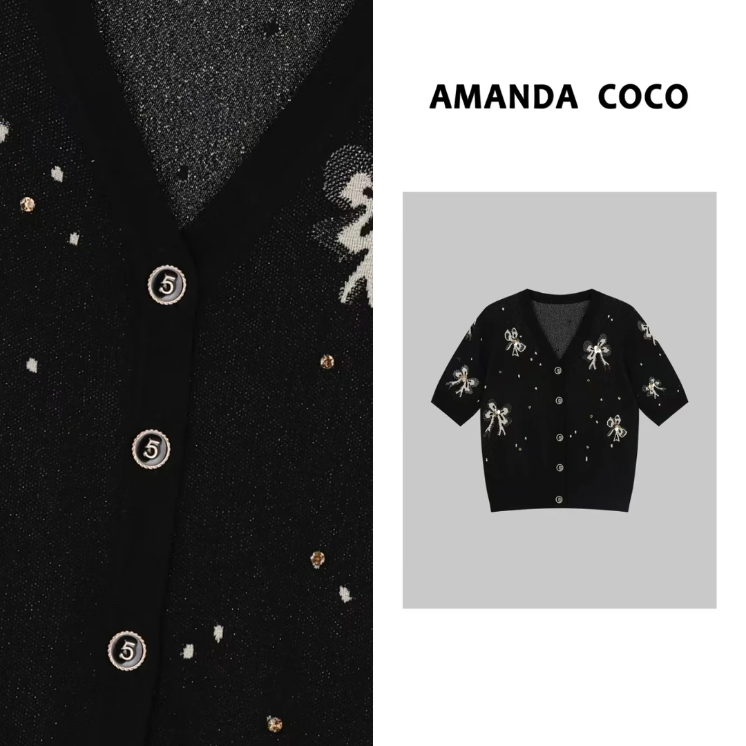 2025春夏重工珠片蝴蝶结刺绣气质短袖针织衫29117