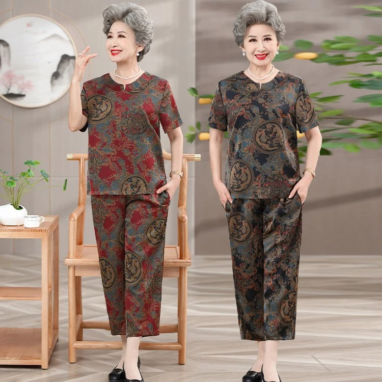 【百善孝为先】奶奶夏装套装中老年人短袖T恤太太老人衣服妈妈季薄