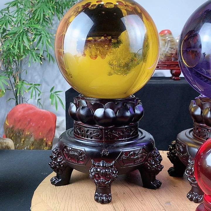 富***控石材黄色水晶球直径20带高档底座